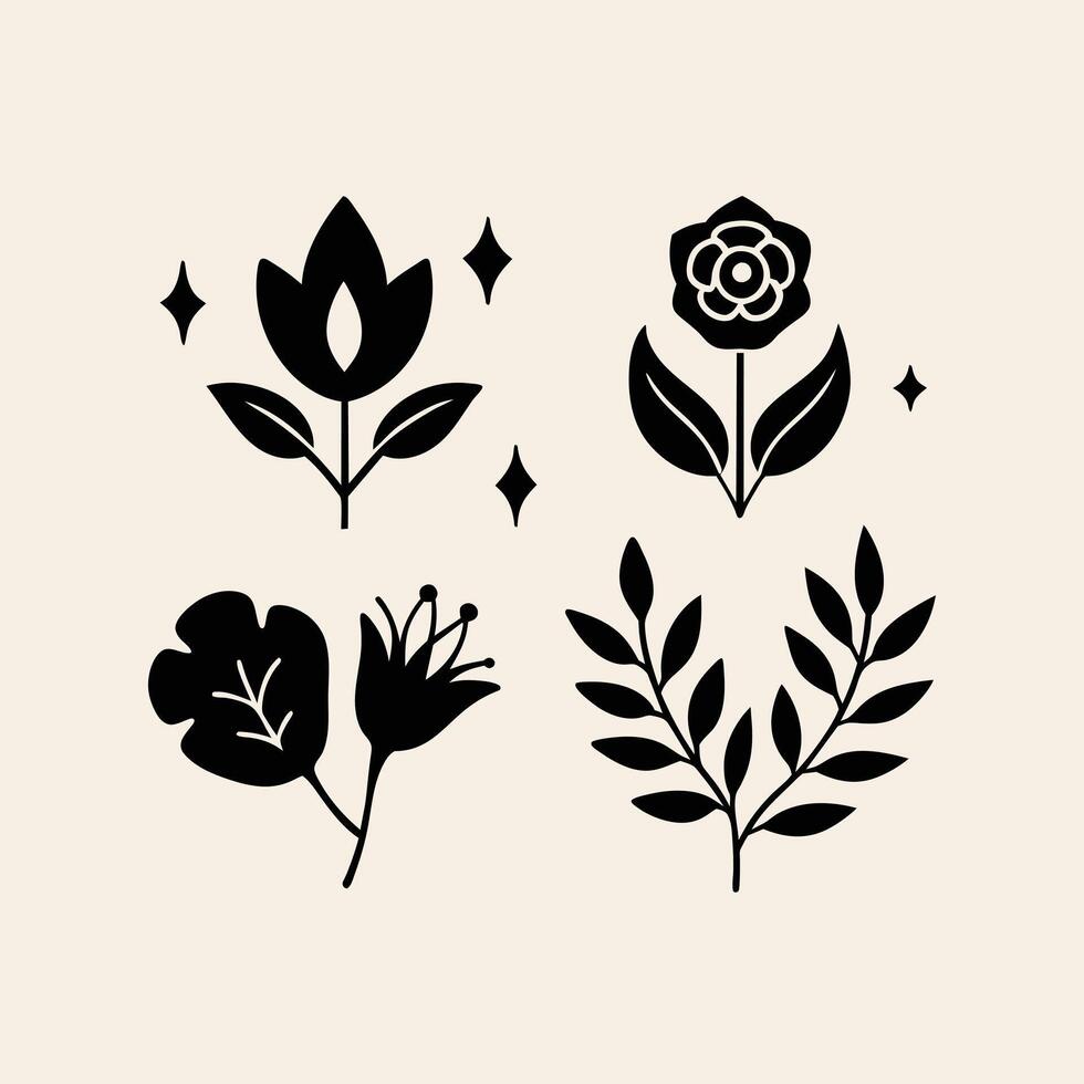 Set of design templates and graphic elements, organic cosmetic, floral black illustration in simple linear hand drawn style, plants and flowers vector