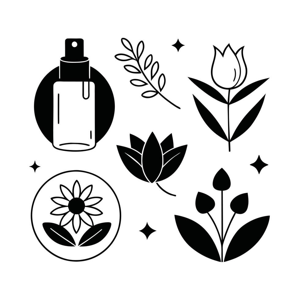 Set of design templates and graphic elements, organic cosmetic, floral black illustration in simple linear hand drawn style, plants and flowers vector