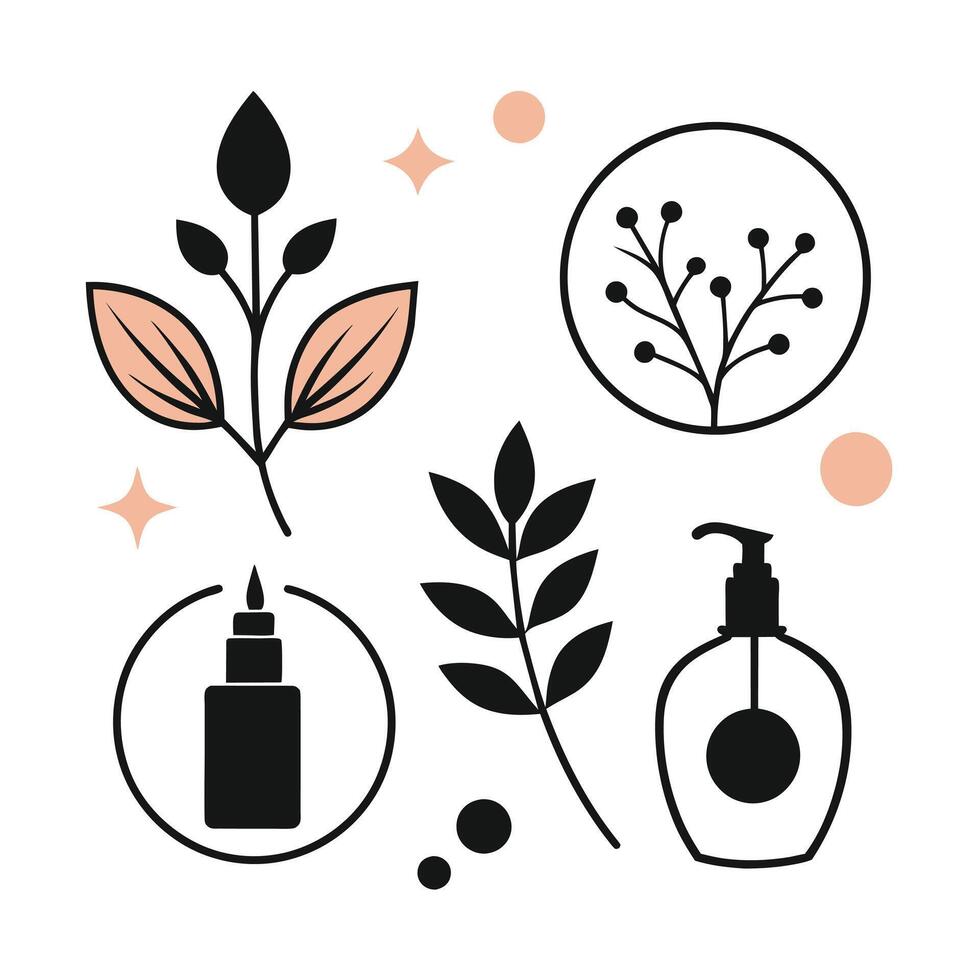 Set of design templates and graphic elements, organic cosmetic, floral black illustration in simple linear hand drawn style, plants and flowers vector