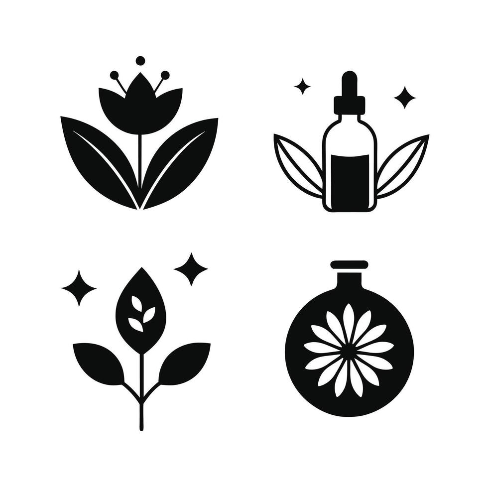 Set of design templates and graphic elements, organic cosmetic, floral black illustration in simple linear hand drawn style, plants and flowers vector