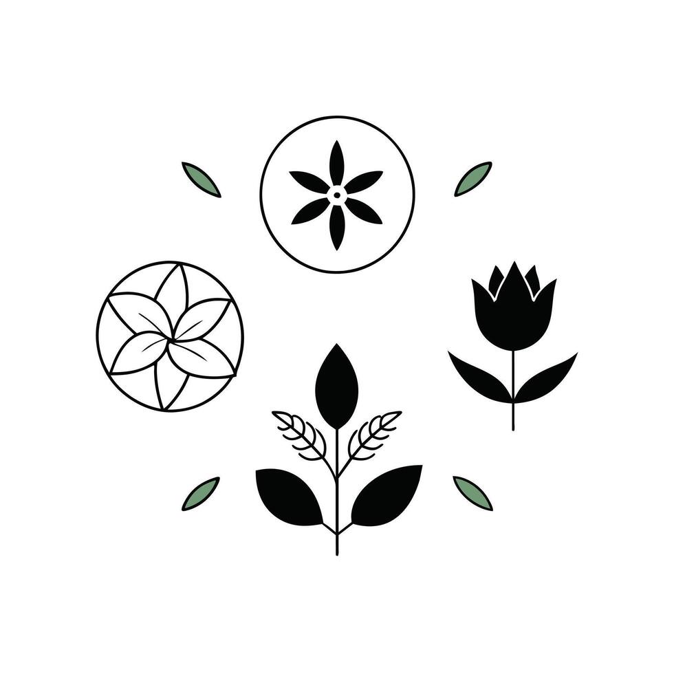 Set of design templates and graphic elements, organic cosmetic, floral black illustration in simple linear hand drawn style, plants and flowers vector