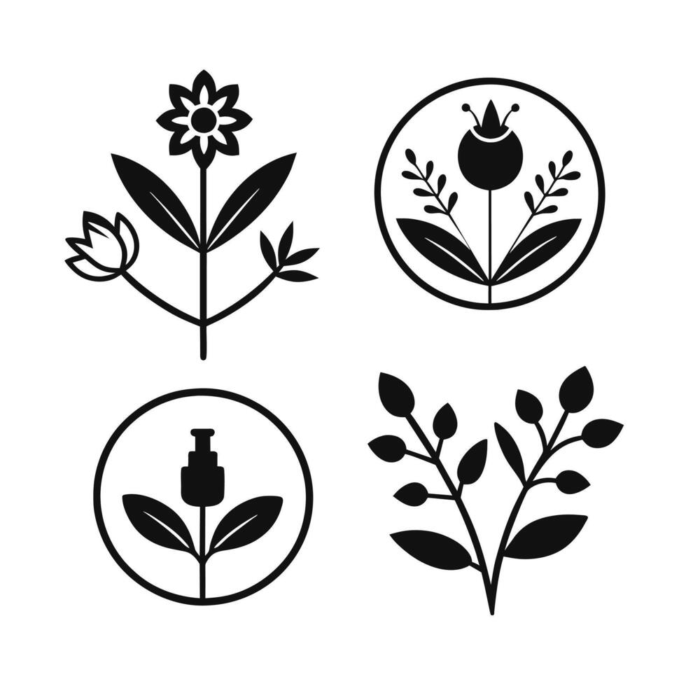 Set of design templates and graphic elements, organic cosmetic, floral black illustration in simple linear hand drawn style, plants and flowers vector