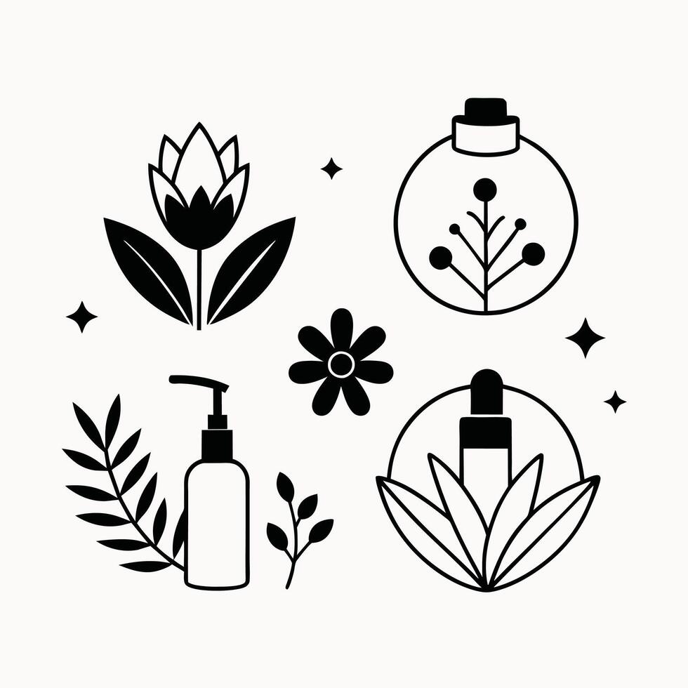Set of design templates and graphic elements, organic cosmetic, floral black illustration in simple linear hand drawn style, plants and flowers vector