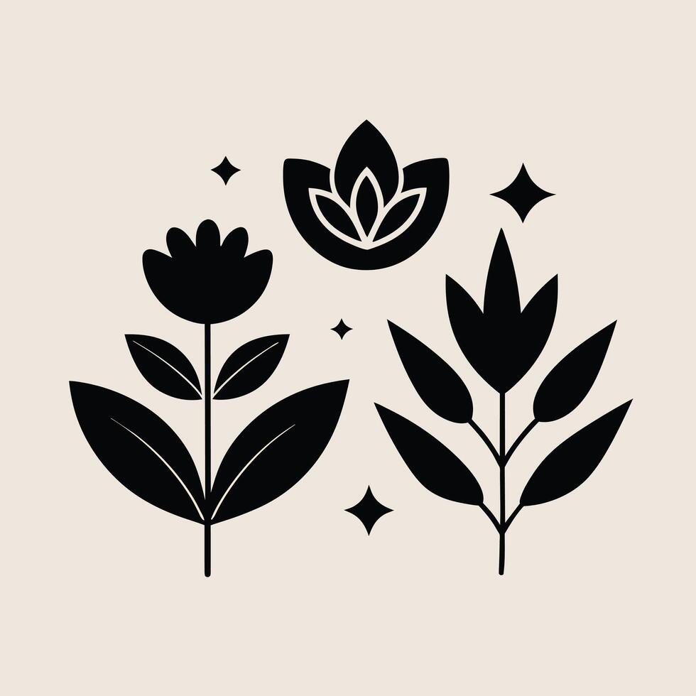 Set of design templates and graphic elements, organic cosmetic, floral black illustration in simple linear hand drawn style, plants and flowers vector