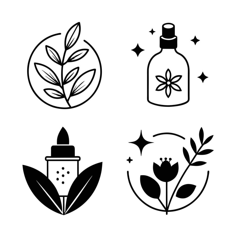 Set of design templates and graphic elements, organic cosmetic, floral black illustration in simple linear hand drawn style, plants and flowers vector
