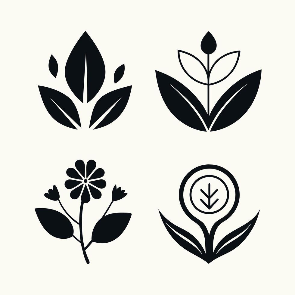 Set of design templates and graphic elements, organic cosmetic, floral black illustration in simple linear hand drawn style, plants and flowers vector