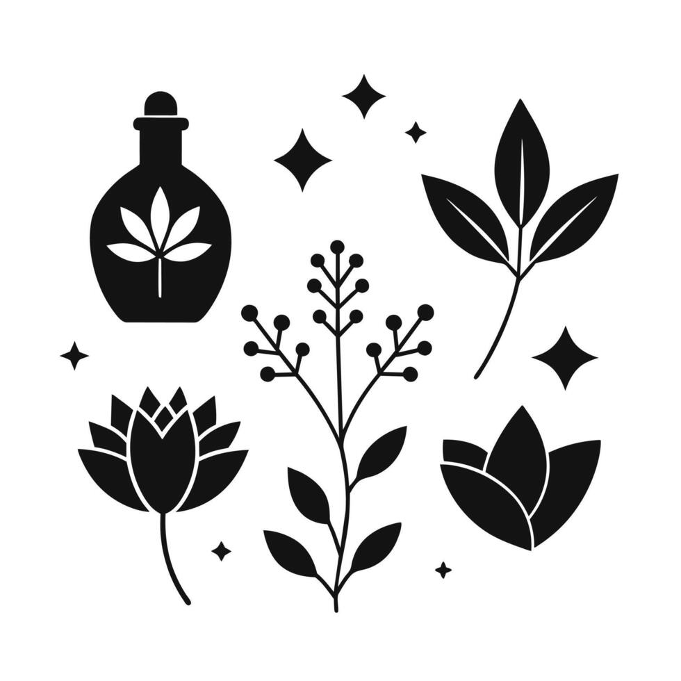 Set of design templates and graphic elements, organic cosmetic, floral black illustration in simple linear hand drawn style, plants and flowers vector