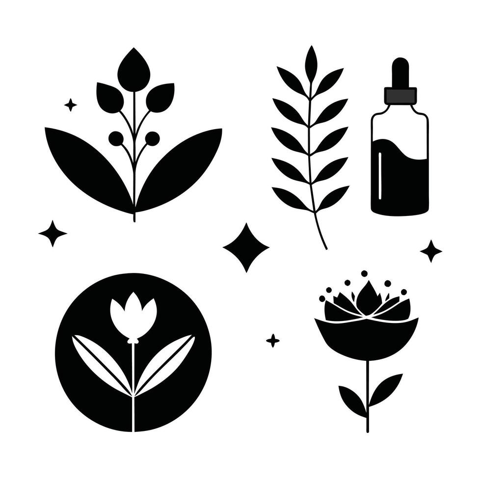 Set of design templates and graphic elements, organic cosmetic, floral black illustration in simple linear hand drawn style, plants and flowers vector