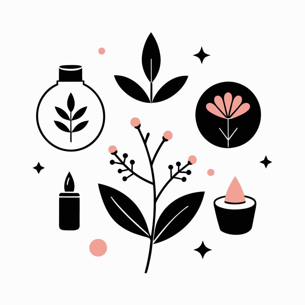 Set of design templates and graphic elements, organic cosmetic, floral black illustration in simple linear hand drawn style, plants and flowers vector