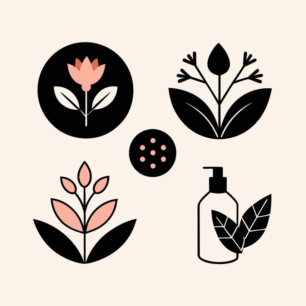 Set of design templates and graphic elements, organic cosmetic, floral black illustration in simple linear hand drawn style, plants and flowers vector
