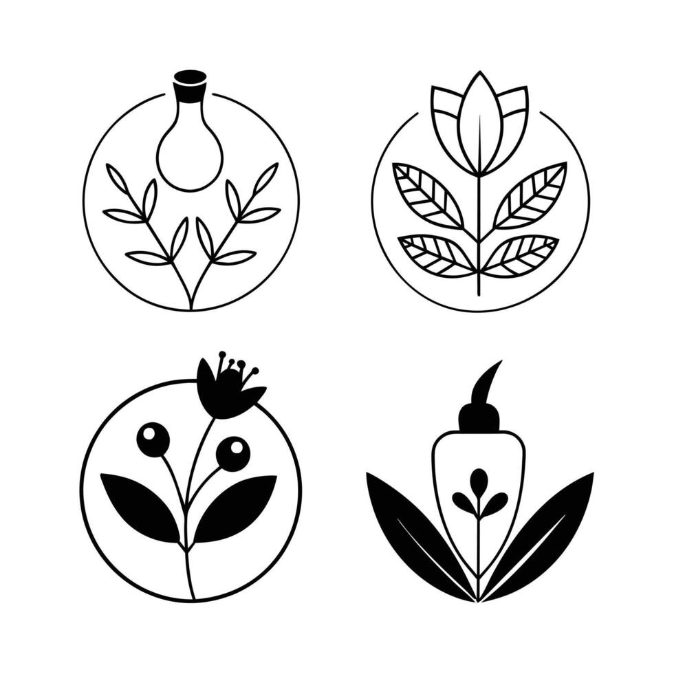 Set of design templates and graphic elements, organic cosmetic, floral black illustration in simple linear hand drawn style, plants and flowers vector