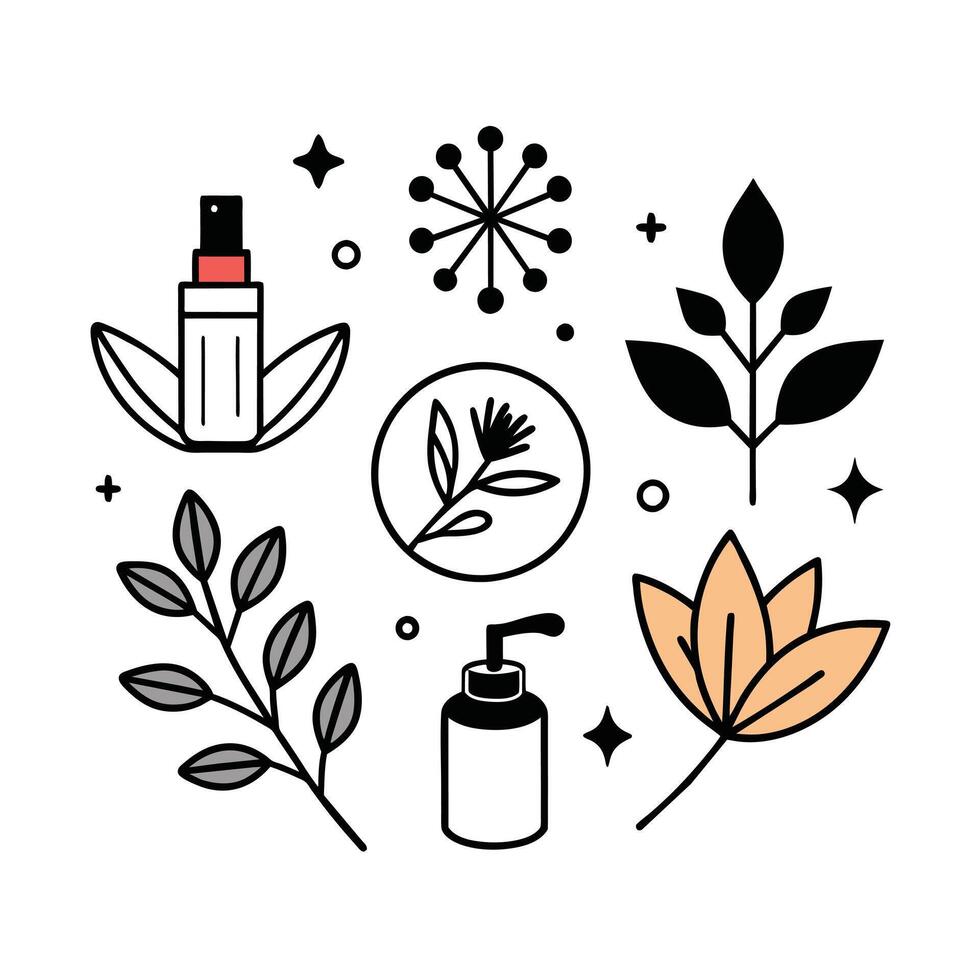 Set of design templates and graphic elements, organic cosmetic, floral black illustration in simple linear hand drawn style, plants and flowers vector