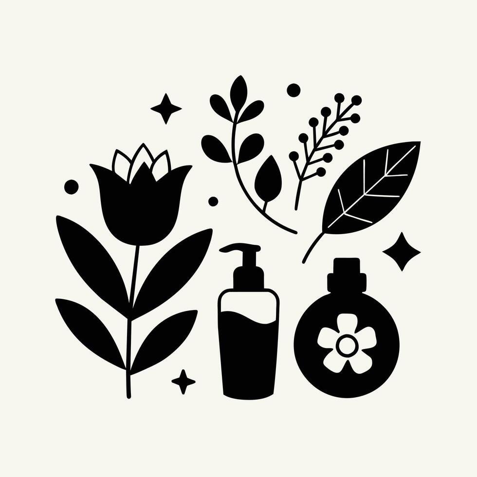 Set of design templates and graphic elements, organic cosmetic, floral black illustration in simple linear hand drawn style, plants and flowers vector