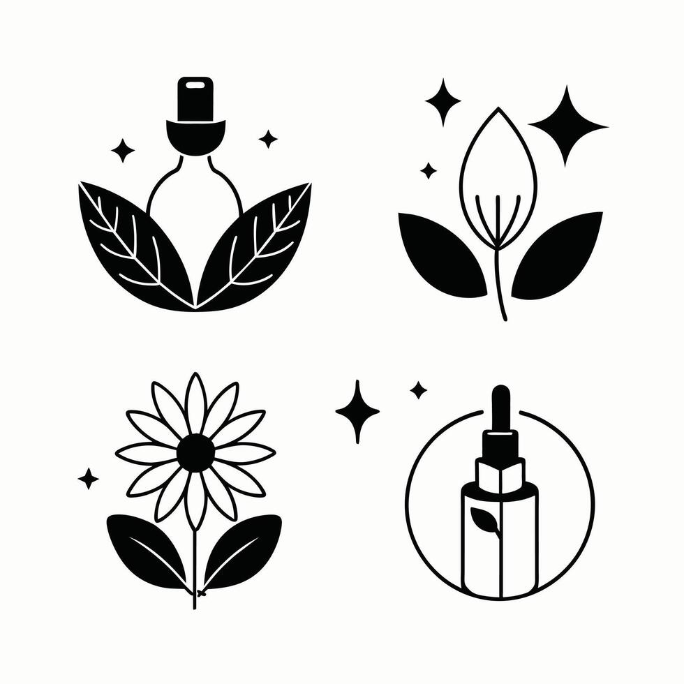 Set of design templates and graphic elements, organic cosmetic, floral black illustration in simple linear hand drawn style, plants and flowers vector