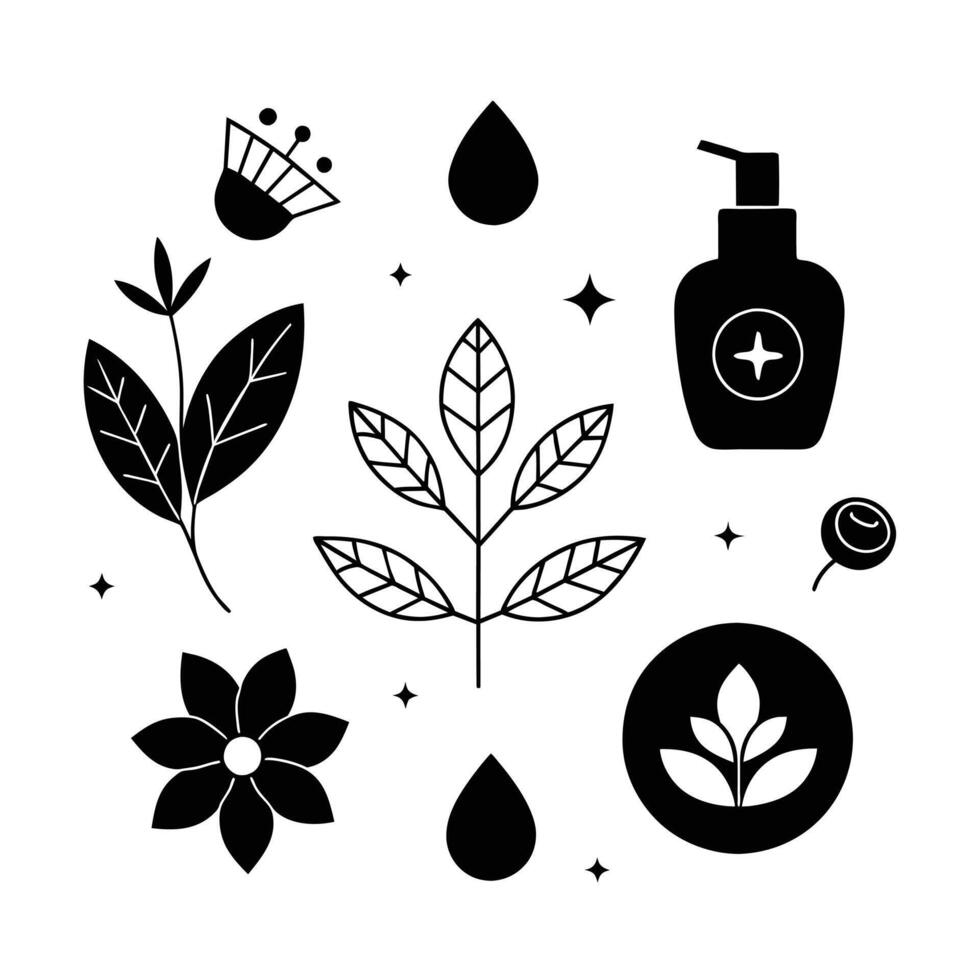 Set of design templates and graphic elements, organic cosmetic, floral black illustration in simple linear hand drawn style, plants and flowers vector