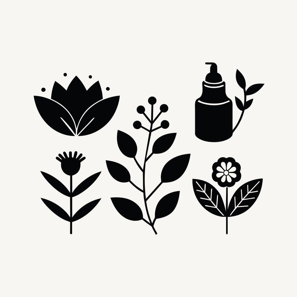 Set of design templates and graphic elements, organic cosmetic, floral black illustration in simple linear hand drawn style, plants and flowers vector