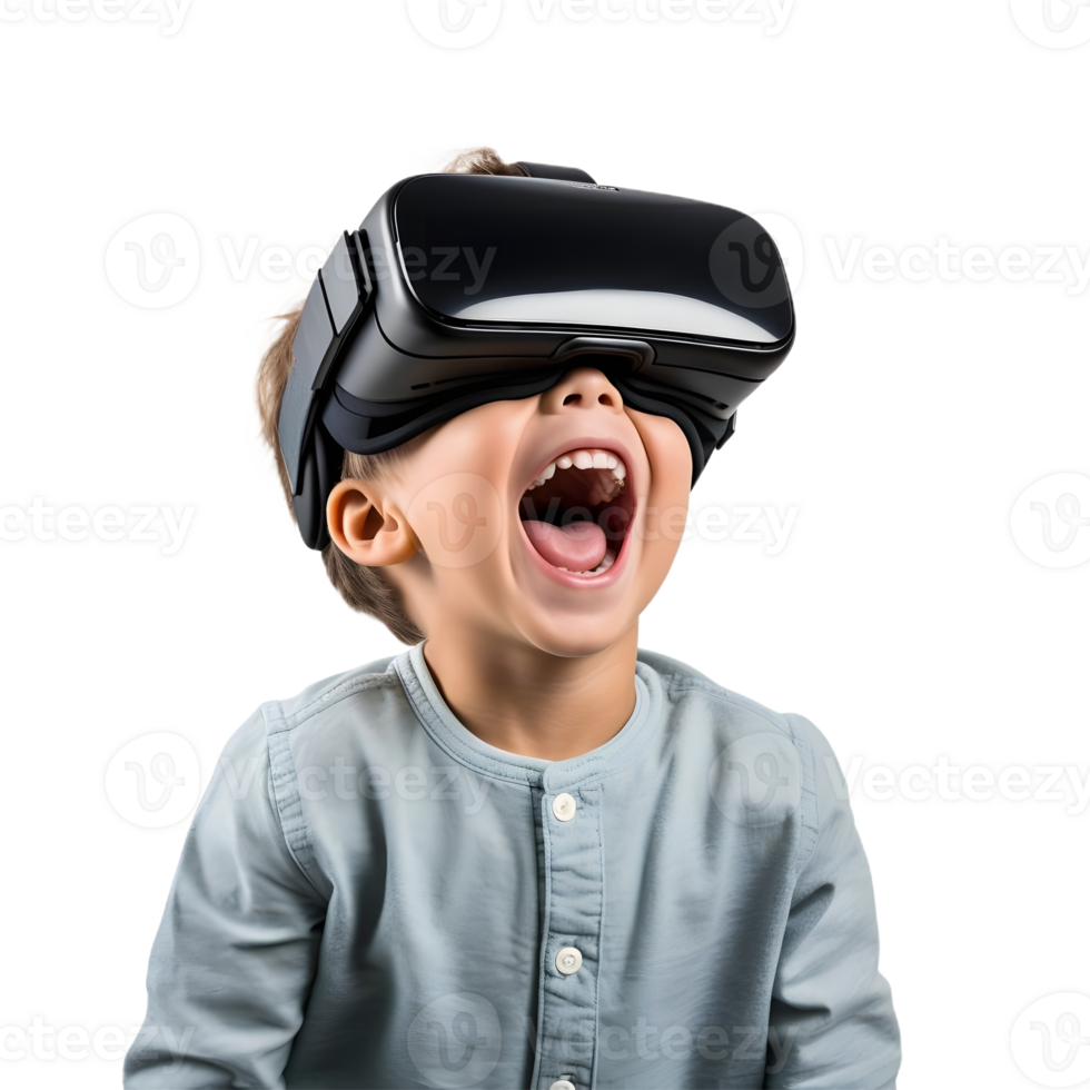 Kid using virtual reality headset surprised png