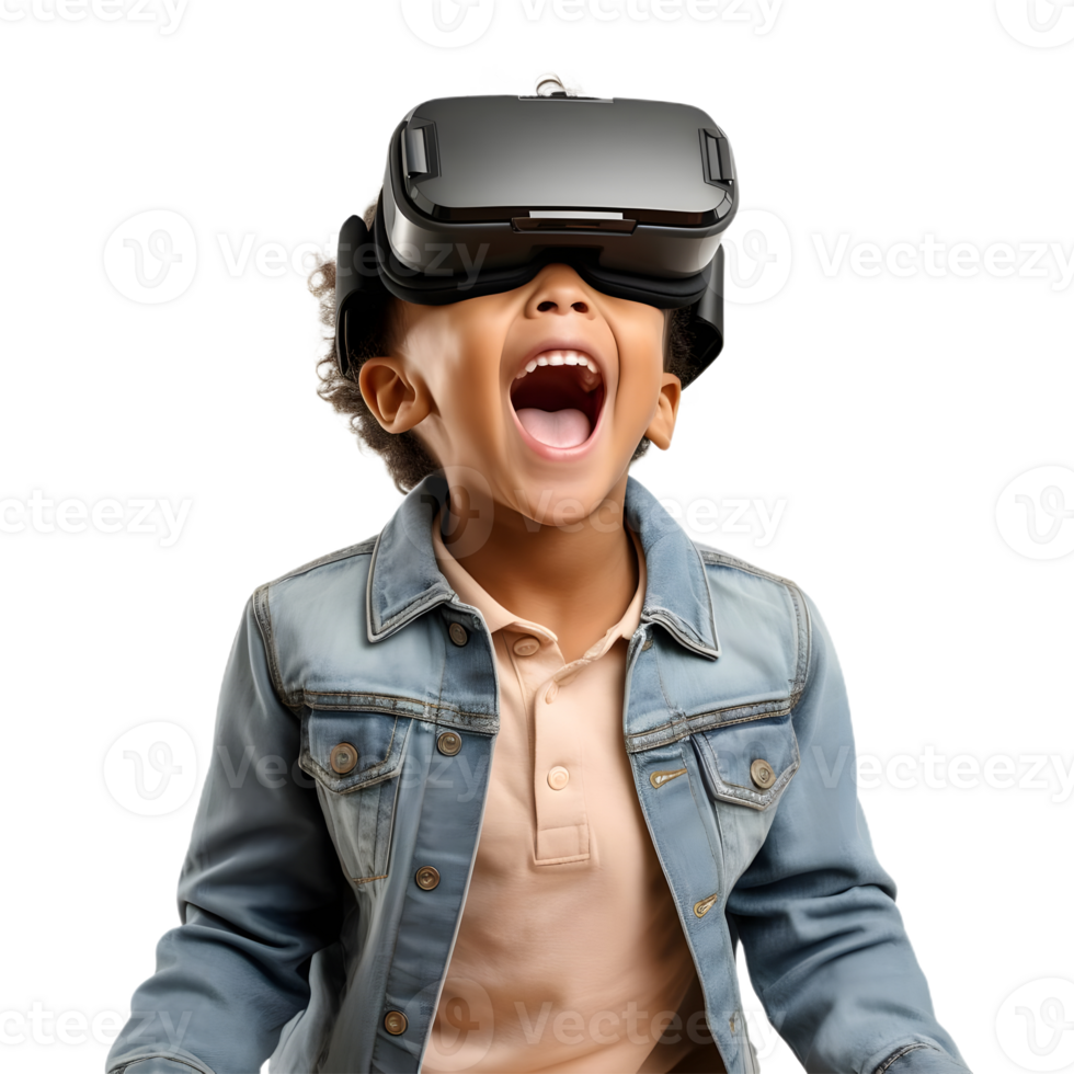 Kid using virtual reality headset surprised png
