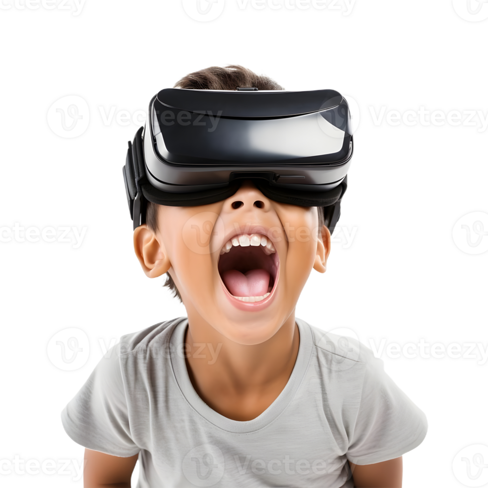 Kid using virtual reality headset surprised png