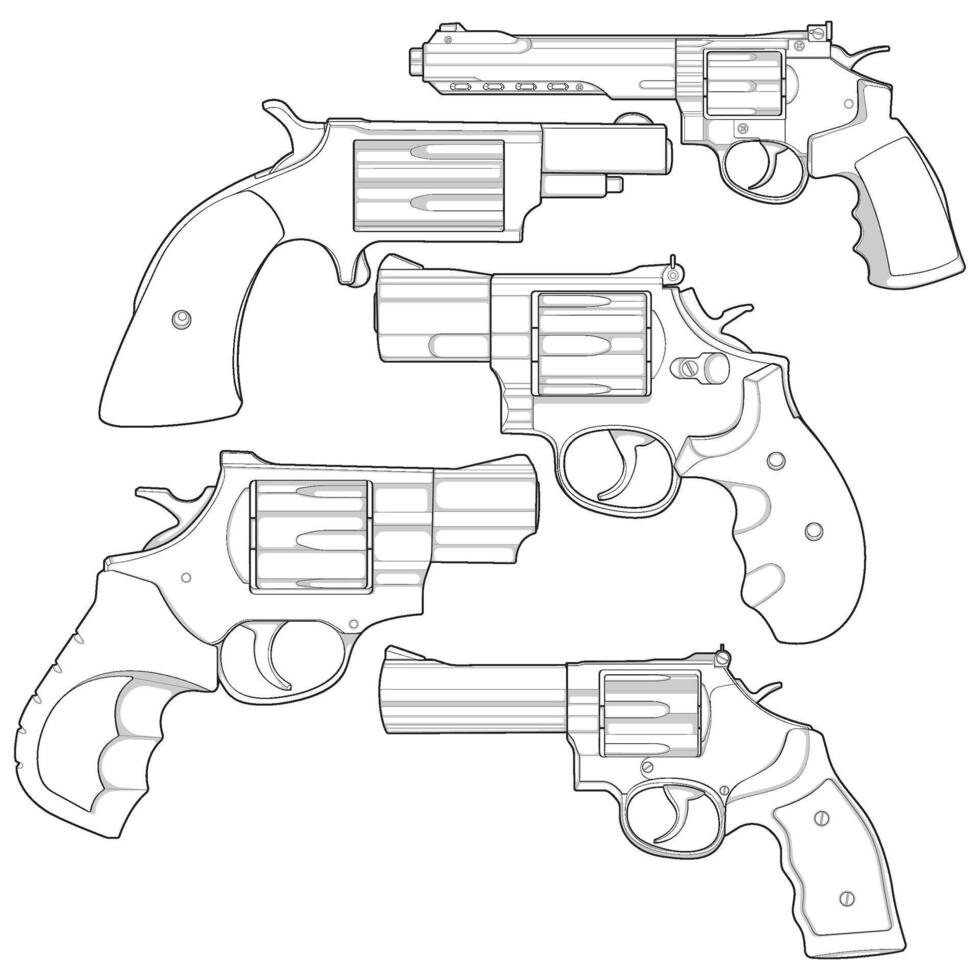 Set of firearms line art style, Shooting gun, Weapon illustration, Line, Gun illustration, Modern Gun, Military concept, Pistol line art for training vector