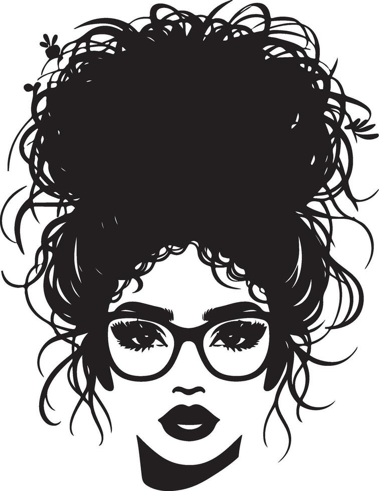 Woman face with afro messy bun with glasses hairstyles vector