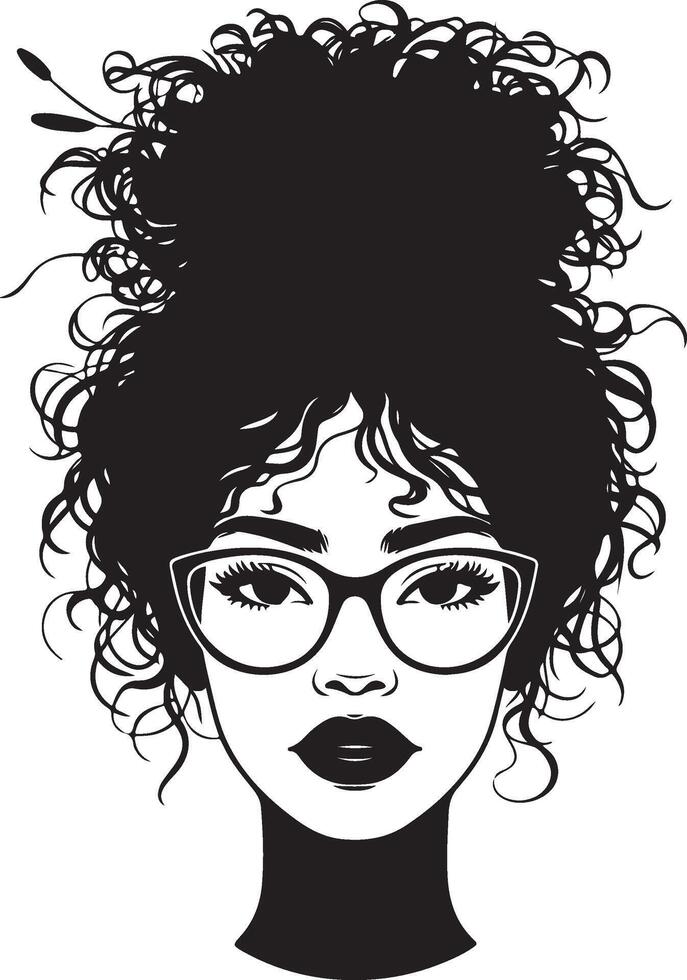 Woman face with afro messy bun with glasses hairstyles vector