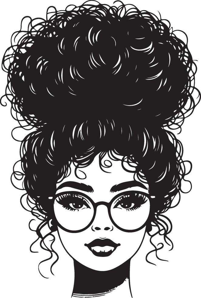 Woman face with afro messy bun with glasses hairstyles vector