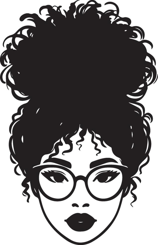Woman face with afro messy bun with glasses hairstyles vector
