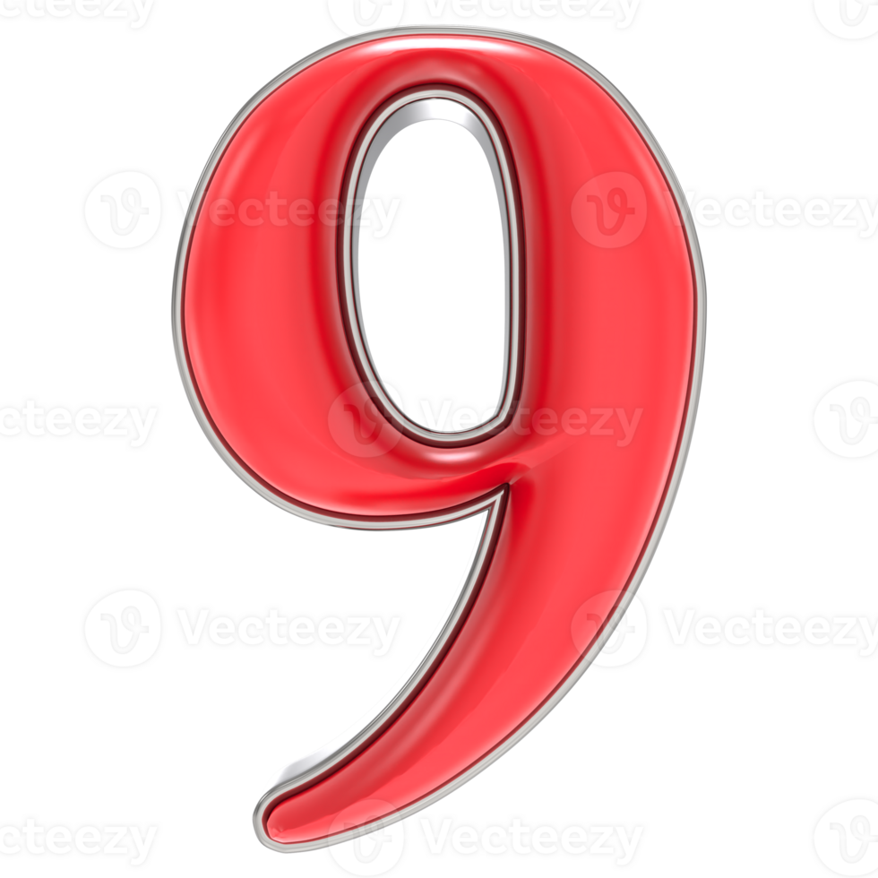Number 9 Red 3D Rendering png