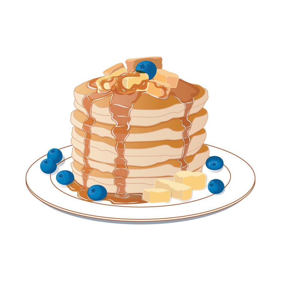 illustration of delicious pancakes with butter honey and blueberry on white plate isolated vector