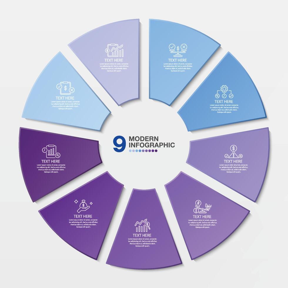 Blue tone circle infographic with 9 steps, process or options. vector