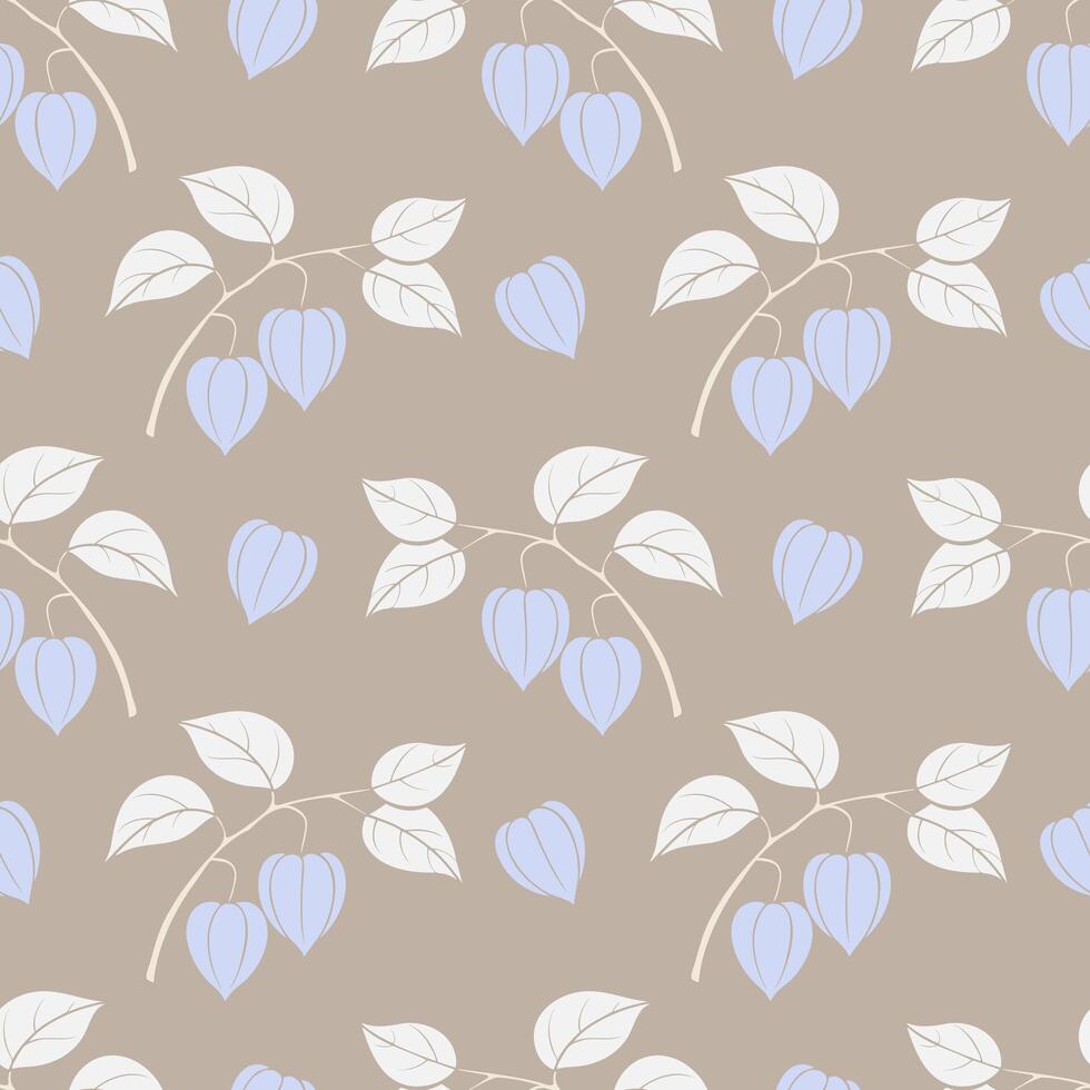 Physalis blue and beige colors pattern, decorative branch of dried flowers on brown pastel background. vector