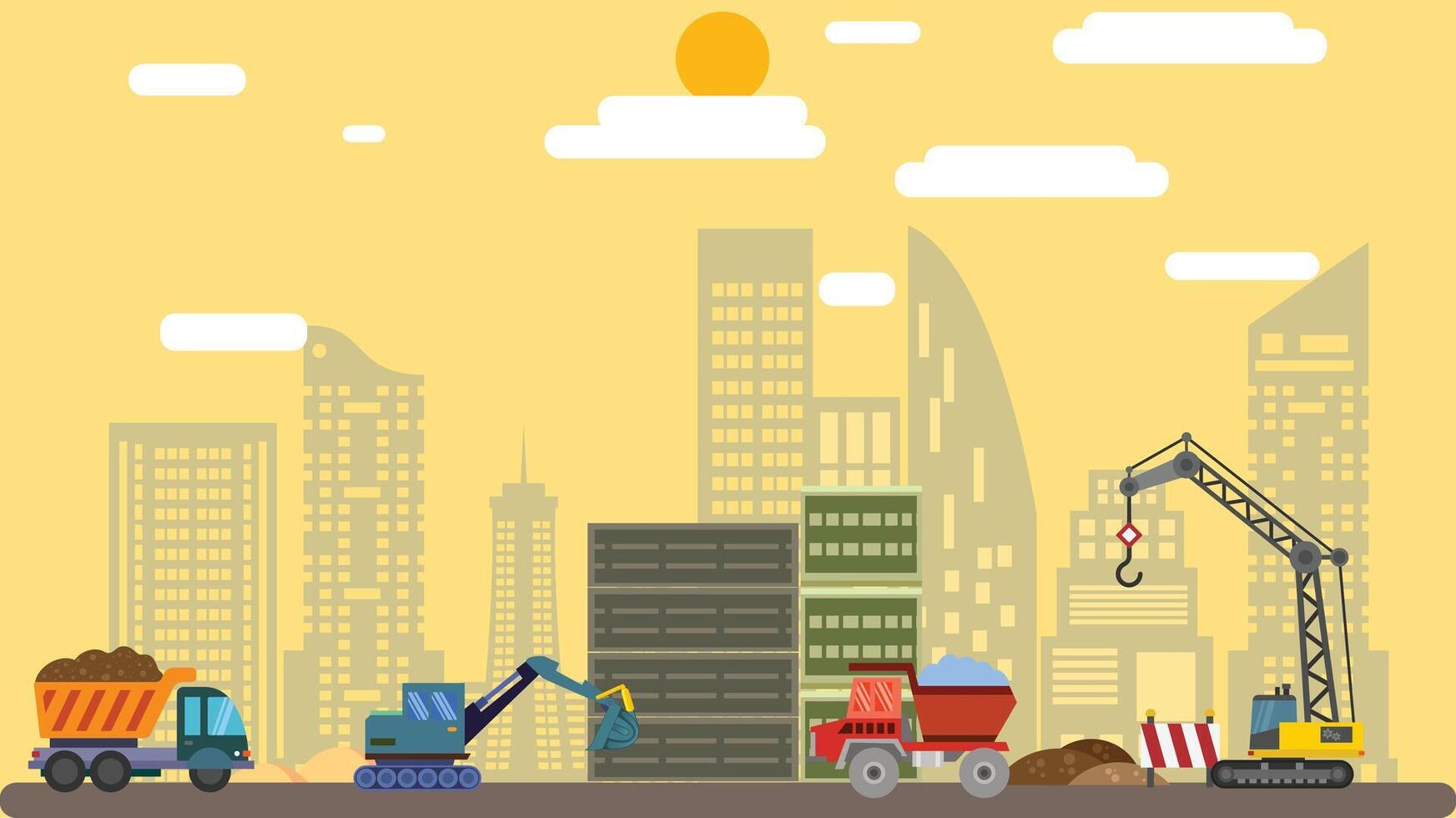 Construction site heavy trucks and machinery illustration vector