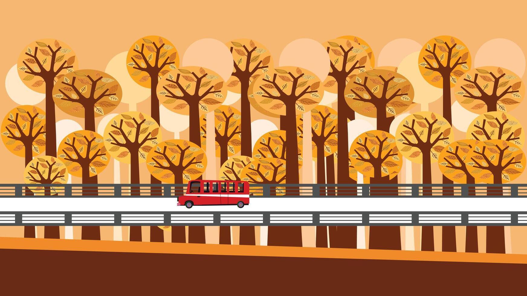 Autumn trees Background with a car crossing a bridge illustration vector