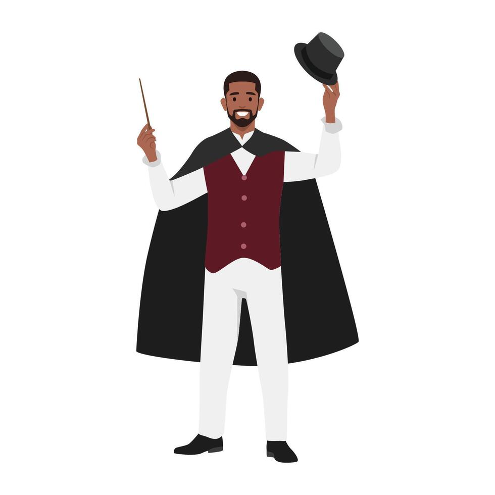 Young bearded Magician with his magic wand. vector