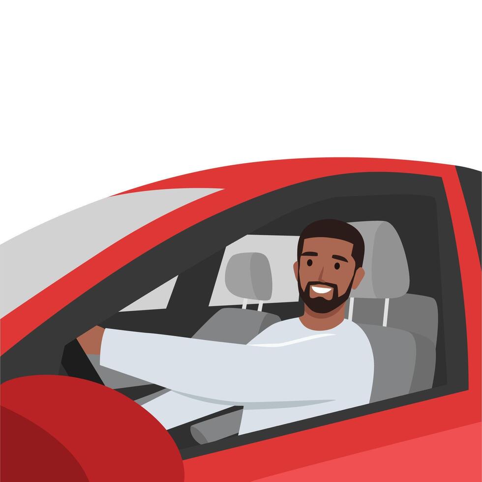 Young bearded man driving the red car side view profile. Looking at viewer. vector