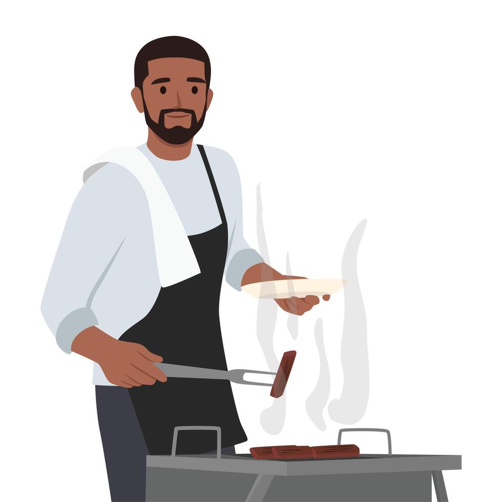 Young bearded man holding a slice of meat with accessories for the barbecue. vector