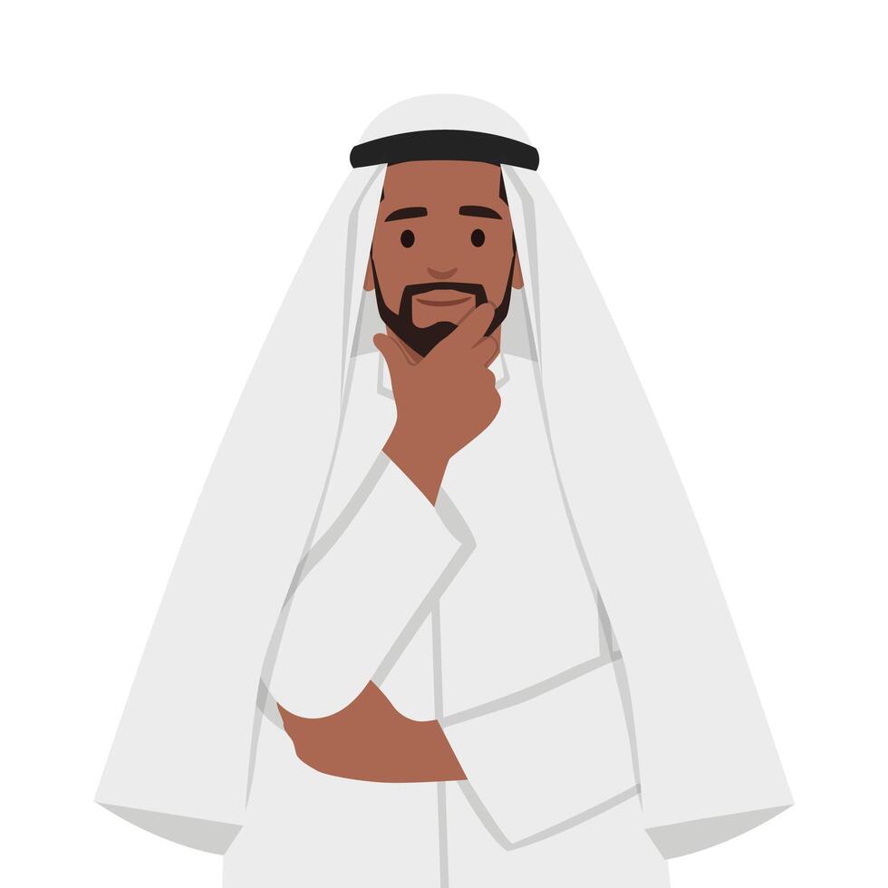 Saudi man in the well known Saudi Ghutra 2 thinking hand on chin. vector