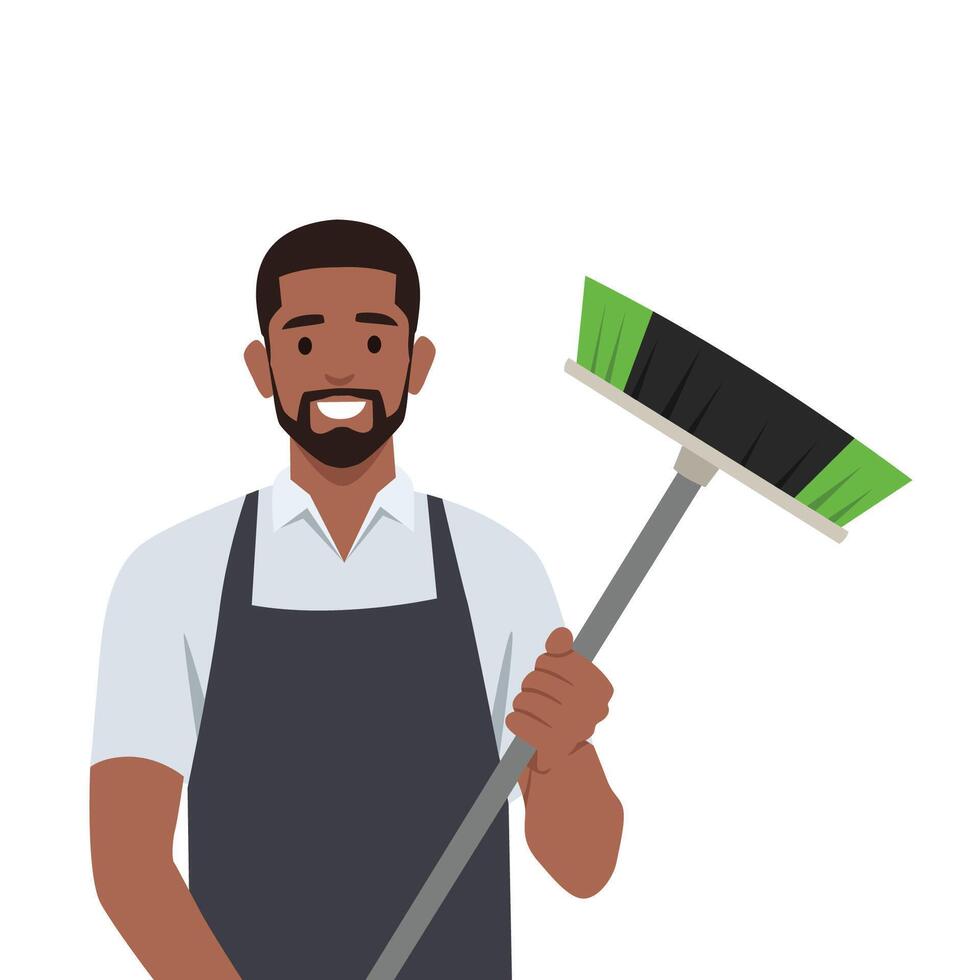 Young janitor man uniform with broom in one hand. Cleaning worker. vector