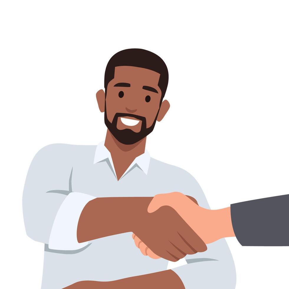 Two confident diverse business man shaking hands during a meeting in the office. vector