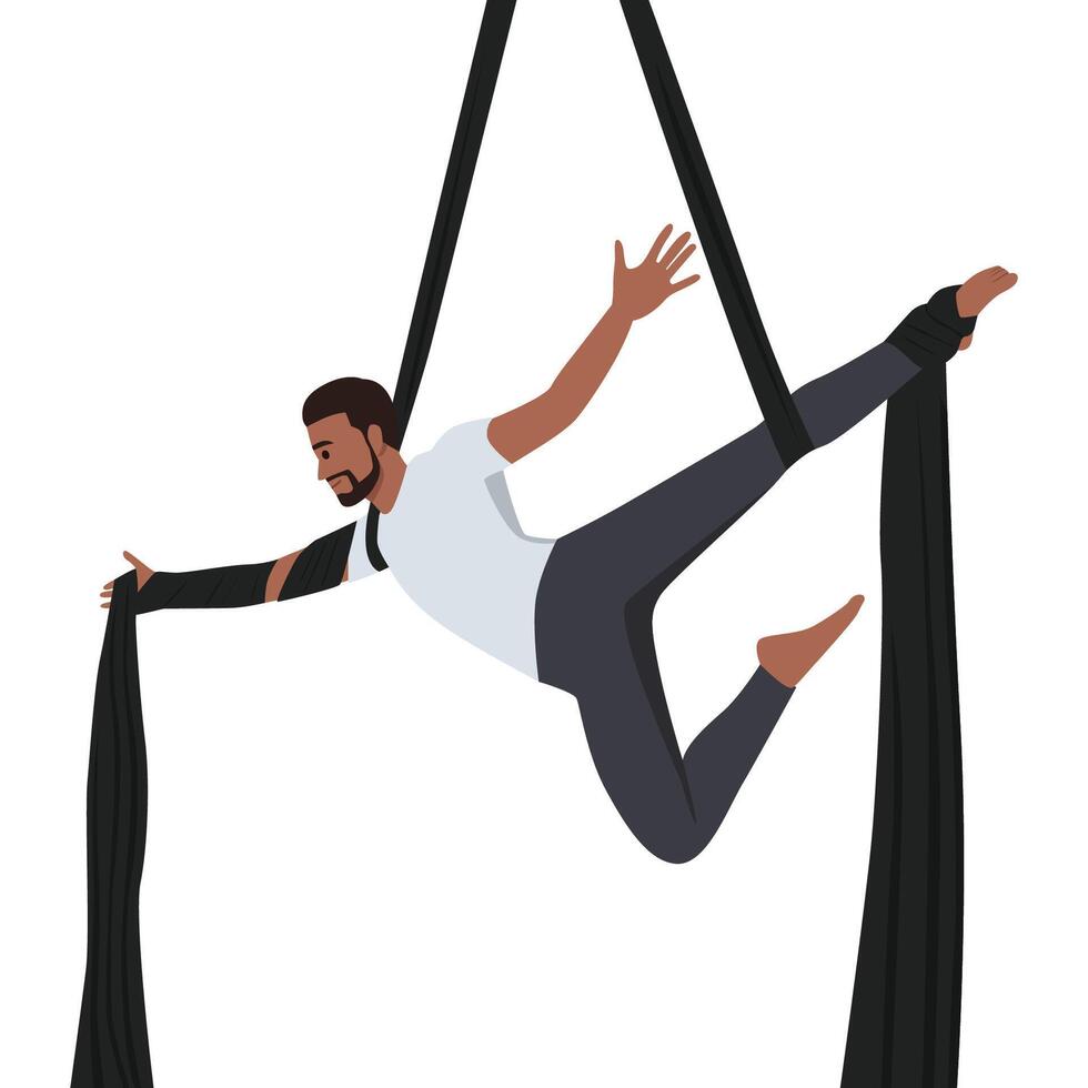 Young bearded man hanging in aerial silk. vector