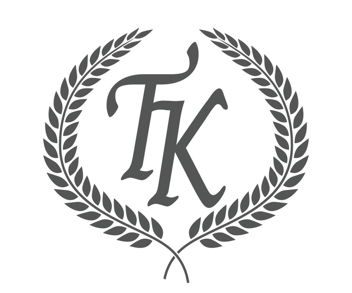 Initial letter T and K, TK monogram logo design with laurel wreath. Luxury calligraphy font. vector