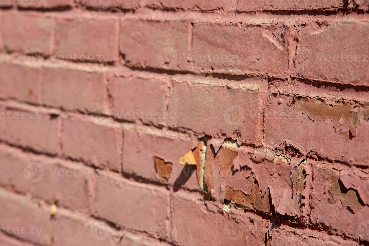 Close Up Of A Peeling Pink Brick Wall In The Daytime photo