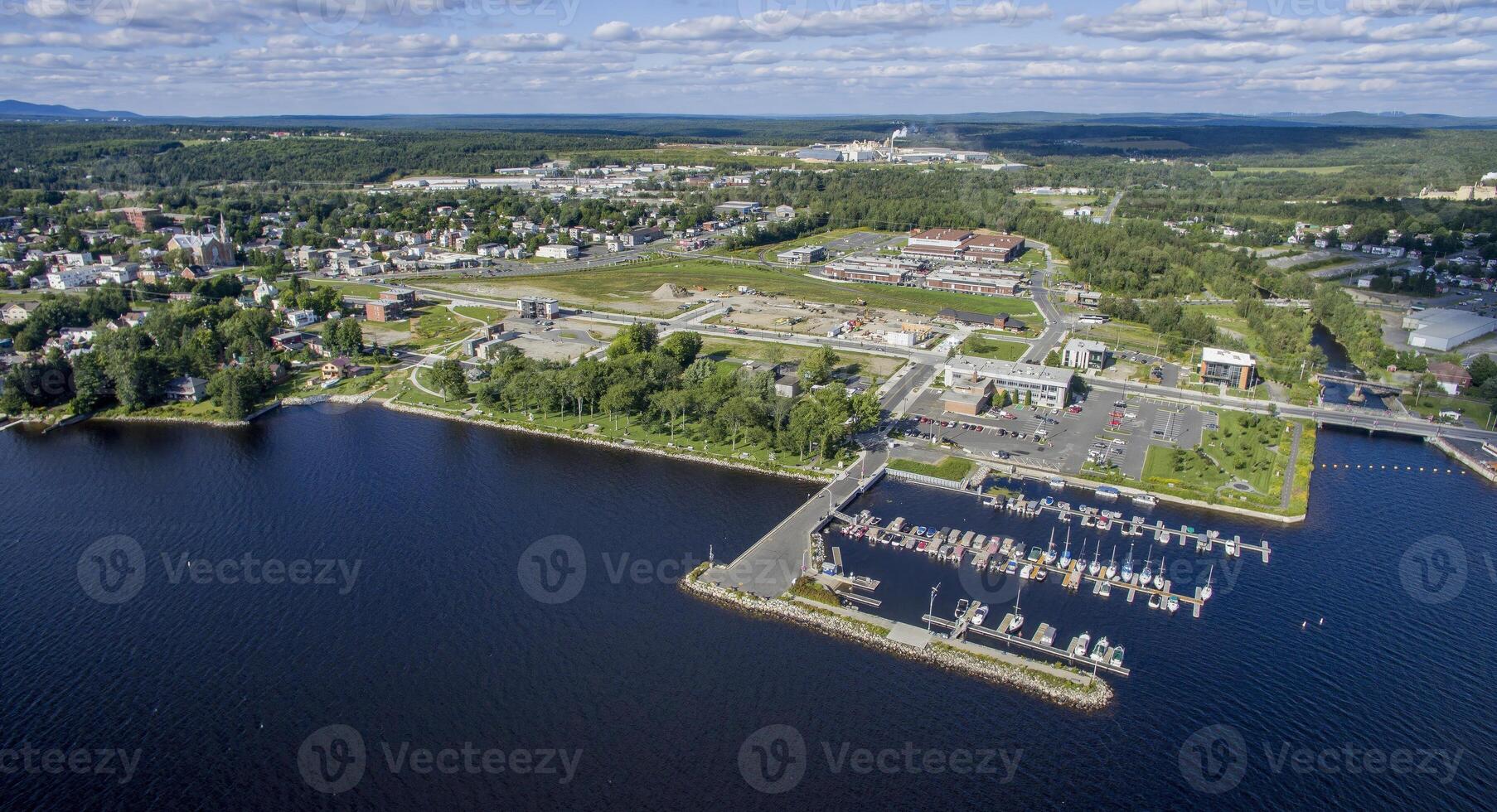 Aerial View of a Lac-Megantic, Quebec, Canada, With Boats Docked on the harbor on a Sunny Day photo