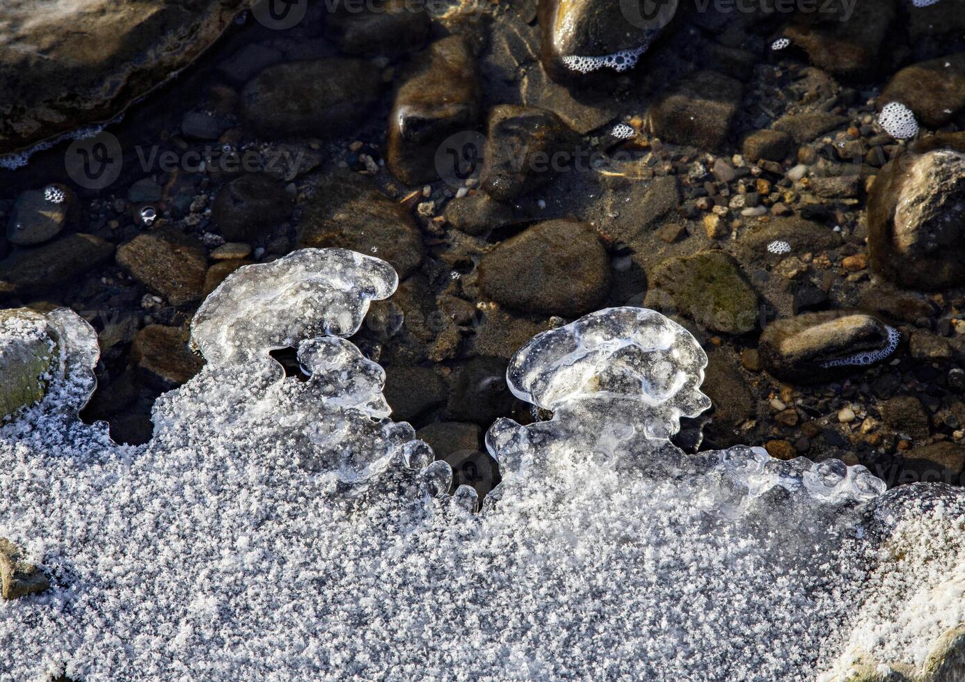 Ice Formations on a Rocky Streambed in Winter photo