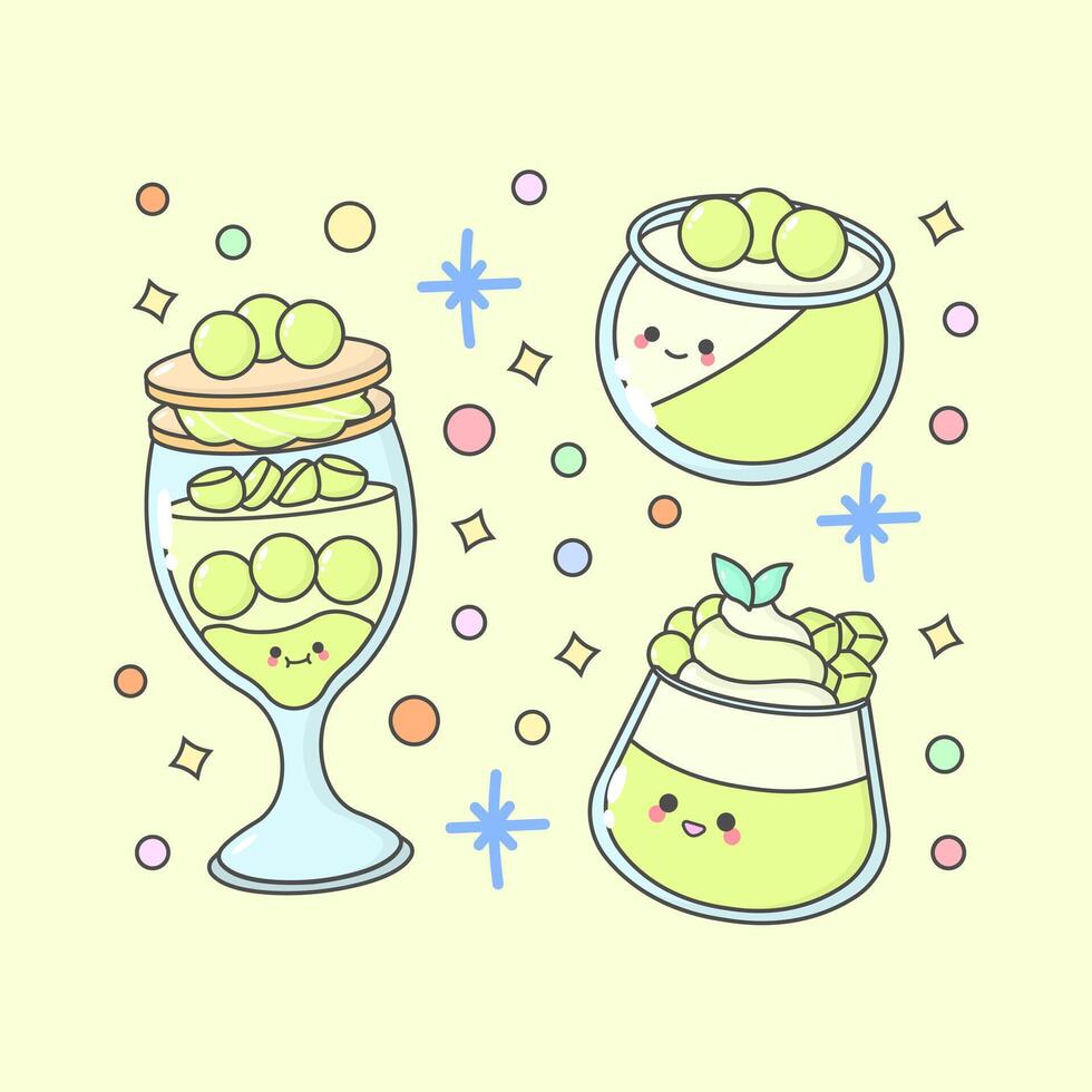 sweet dessert parfait pudding lemon with cute facial expressions and pastel colour vector