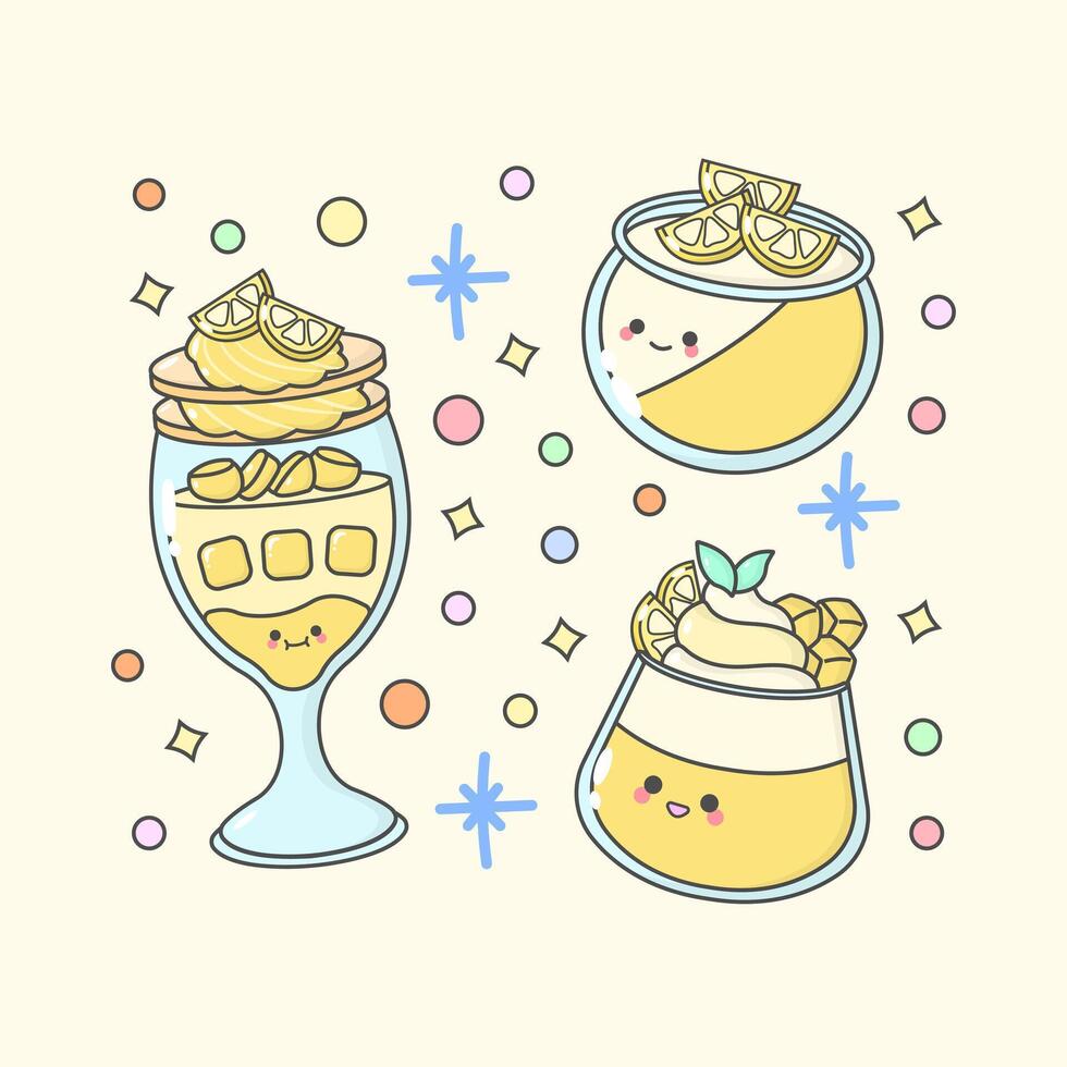 sweet dessert parfait pudding lemon with cute facial expressions and pastel colour vector