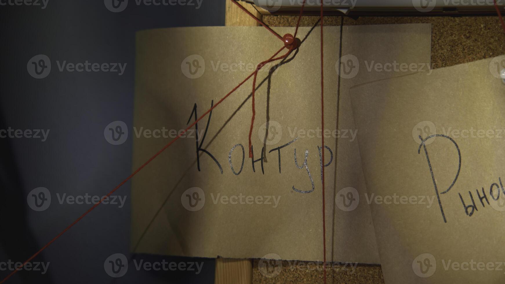 Close-up of note with red thread. Stock footage. Word for note with red thread. Mysterious word in rebus from notes on board with red thread photo