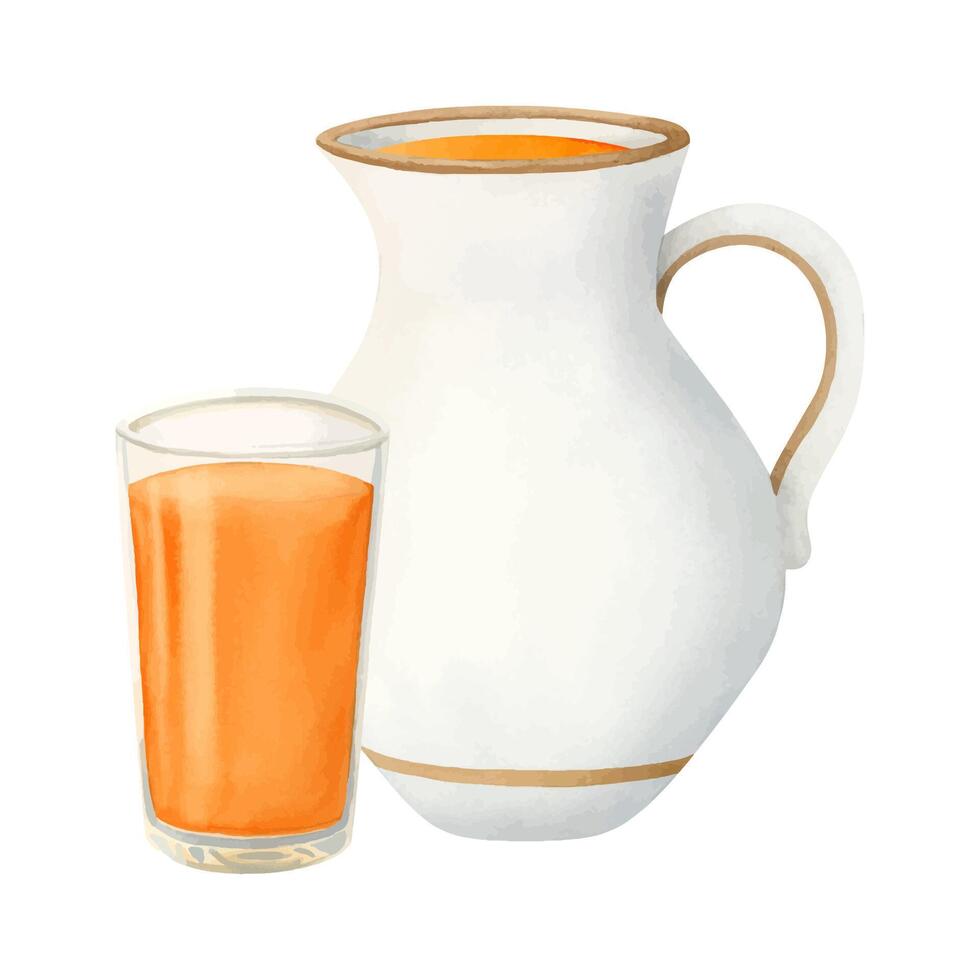 Fresh orange juice in glass white ceramic jug in simple style watercolor illustration. Hand drawn pitcher for kitchen vector