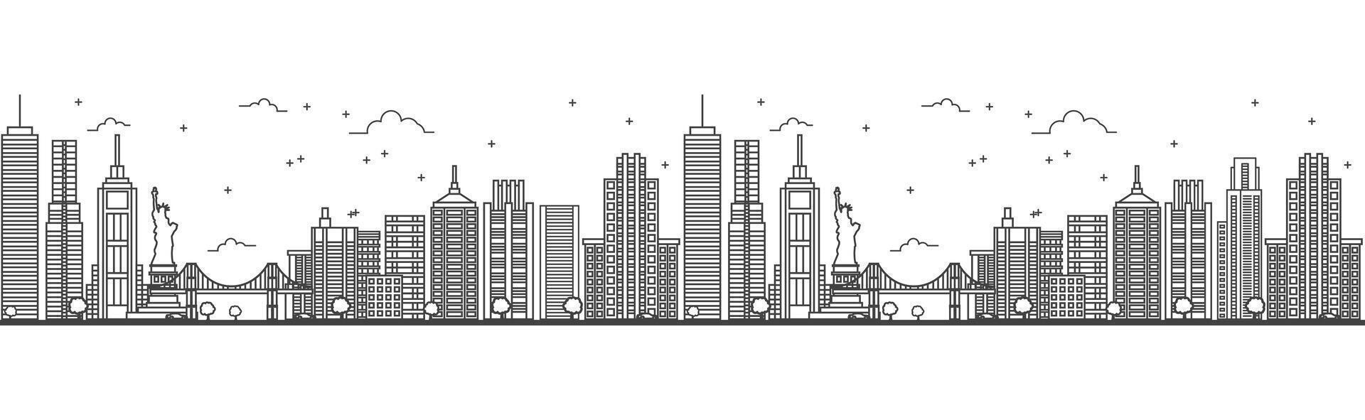 Seamless pattern with outline New York USA City Skyline. Modern Buildings Isolated on White. New York Cityscape with Landmarks. vector
